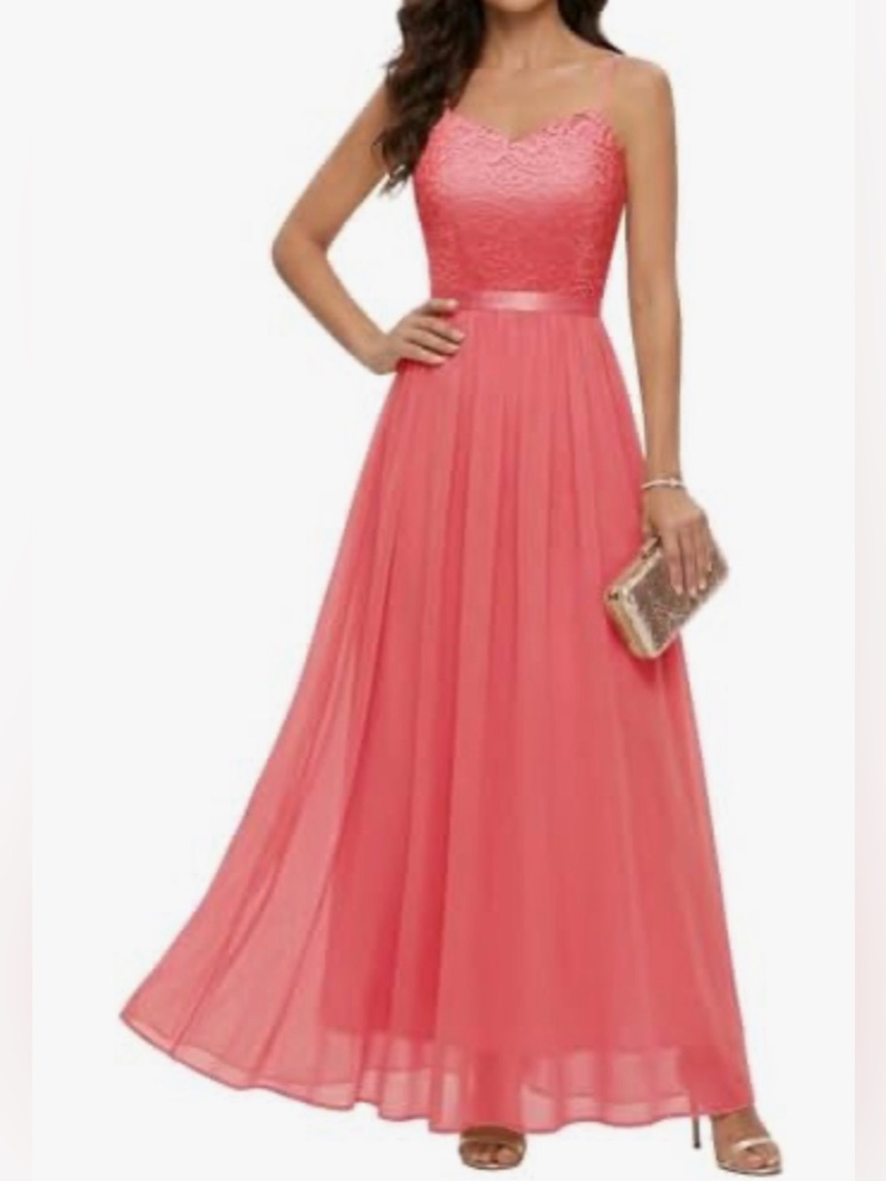 Dress Tells Women's Coral Lace Strappy Maxi Dress Sweetheart Neck Size S